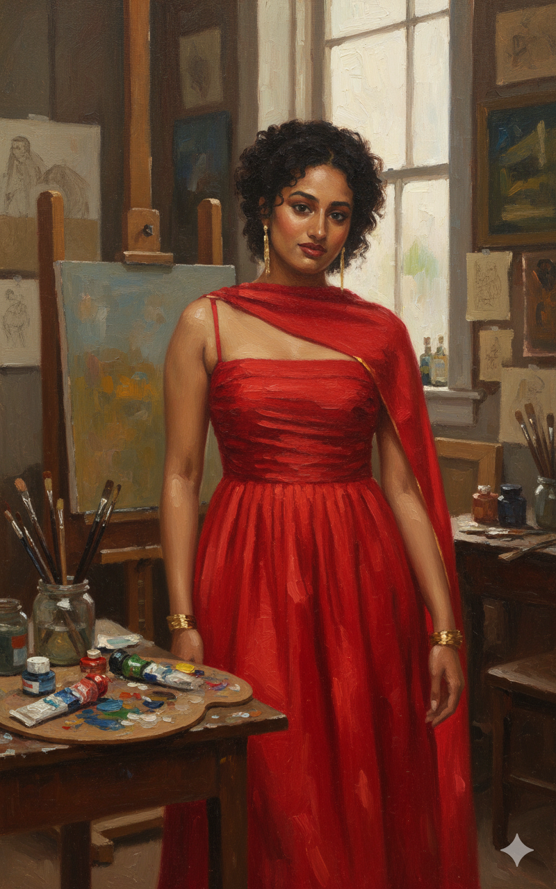 Daamitha in her studio with oil paintings